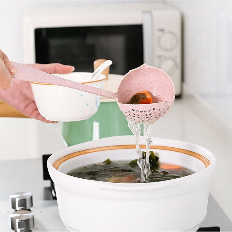 2 in 1 Wheat Straw Soup Spoon Ladle Filter Solid Color Kitchen Colander Spoon Long Handle Oat Filter Spoons Home Cooking Tools Kitchen Accessories
