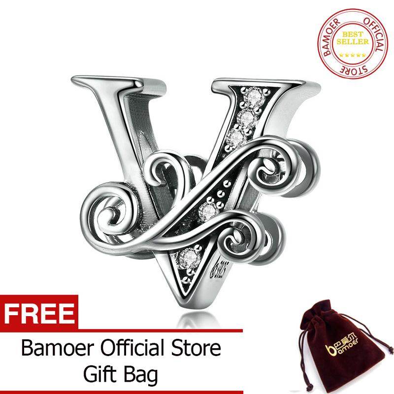 BAMOER Genuine 925 Sterling Silver Vintage A to Z Clear CZ 26 Letter Alphabe Bead Charms Fit Bracelets & Bangles Fashion Jewelry BSC030