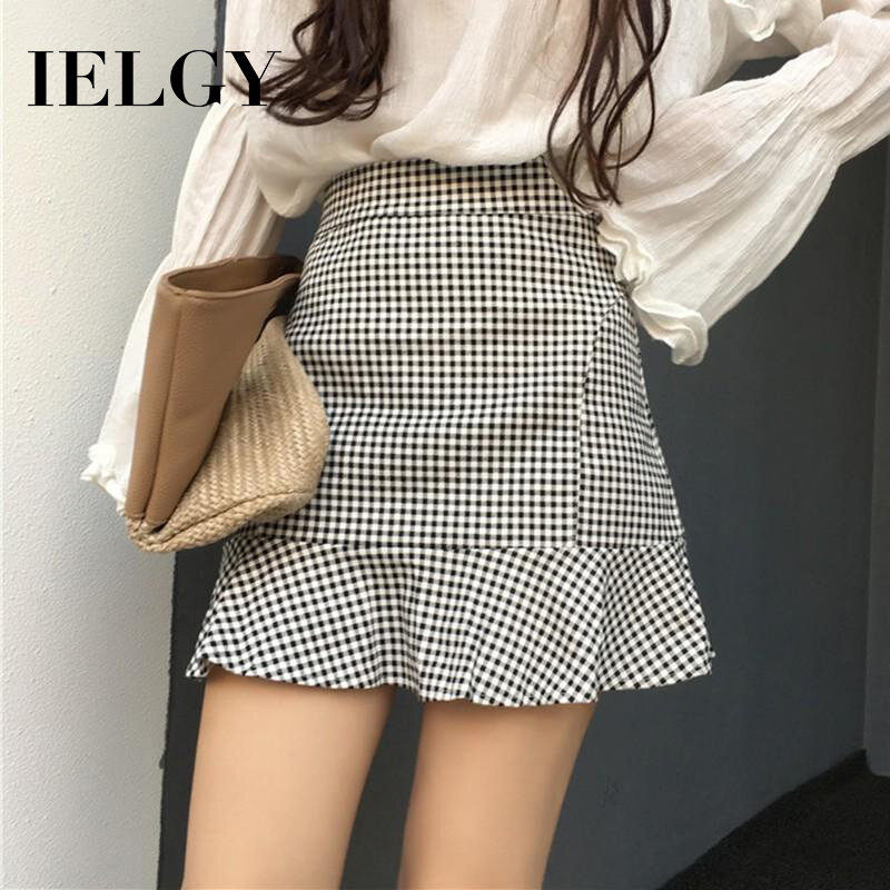 IELGY Women's fresh plaid bag hip A short skirt