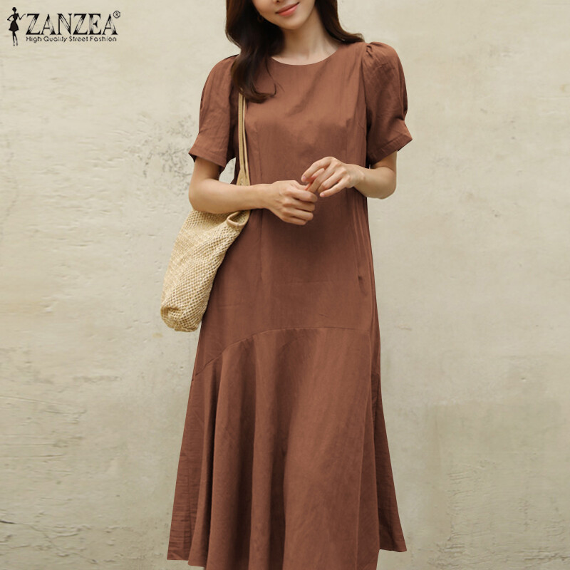 MOMONACO ZANZEA Muslimah Cotton Women Muslim Short Sleeve Plain Holiday Party Fishtail Swing Long Maxi Dress MCO