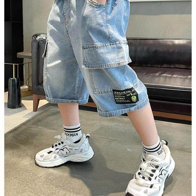 Kids Fashion Loose Short Jeans for Boys Summer Big Pocket Cropped Pants