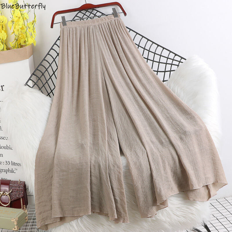 Quần Vải Lanh Và Cotton Mỏng Eo Co Giãn Phong Cách Retro Mùa Xuân Và Mùa Hè Mới Quần Váy Vải Lanh Xòe Lớn Dễ Phối Màu Thuần Khiết Cho Nữ