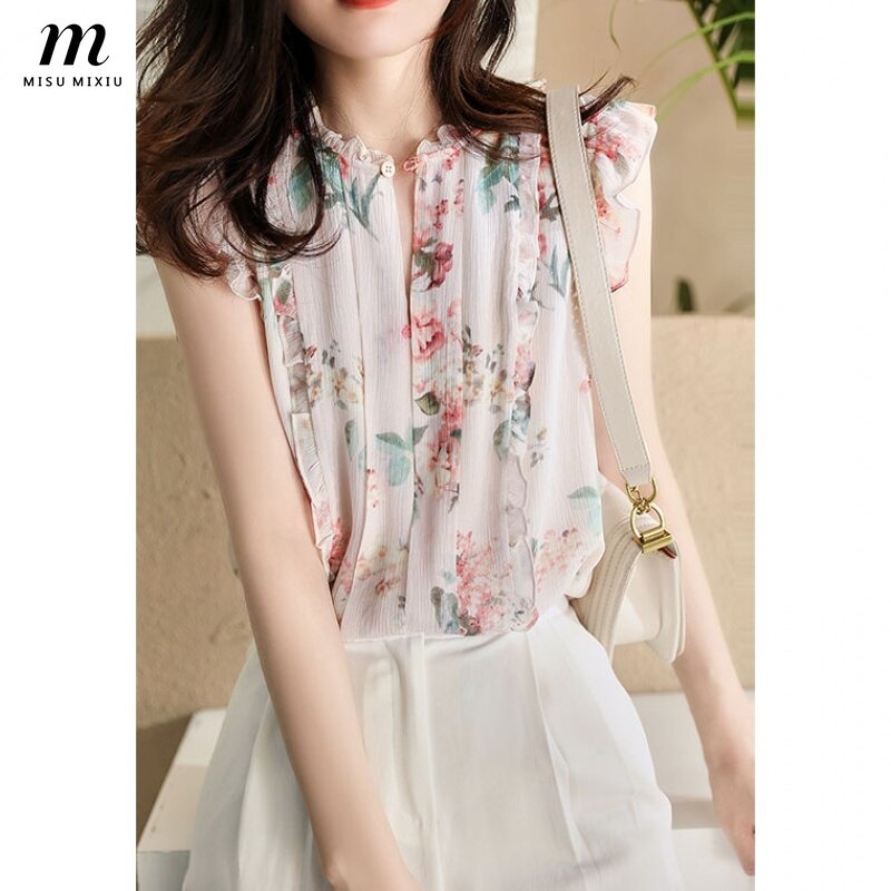 MISUMIXIU 2021 New Floral Chiffon Temperament Girly Pink Blouse Women Elegant Fashion Sleeveless Tops Ladies
