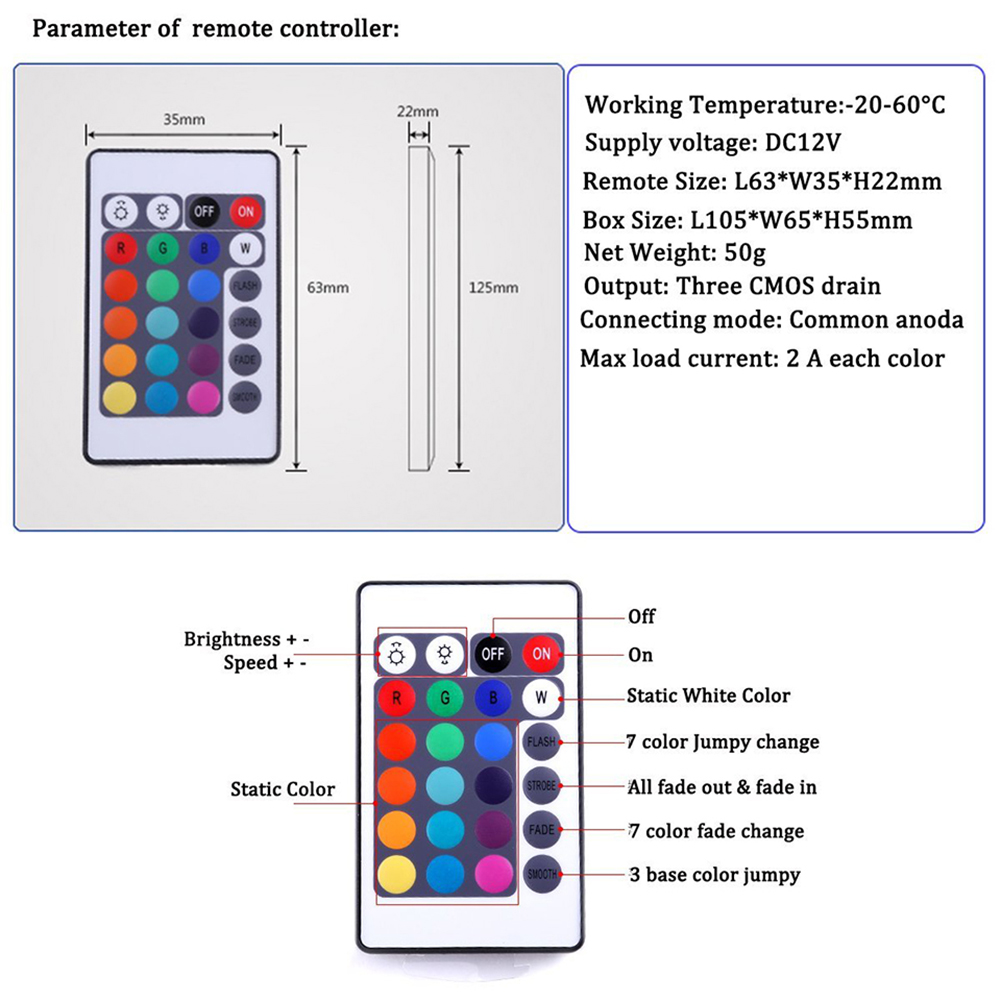 24 Keys IR Remote Control with Remote Receiver DC12V LED Ambient Strip Light Controllers Color and Brightness Adjustable Lighting Accessories Home Use