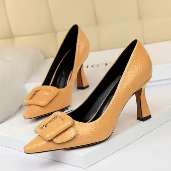 yellow mid heel shoes