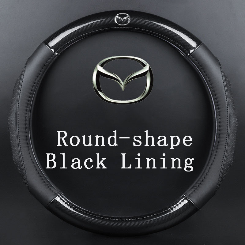 Mazda Car Steering Wheel Cover (Round Shape Black Lining) Leather Carbon Fiber Non-slip No Smell Thin Suitable for All Mazda Cars 38CM