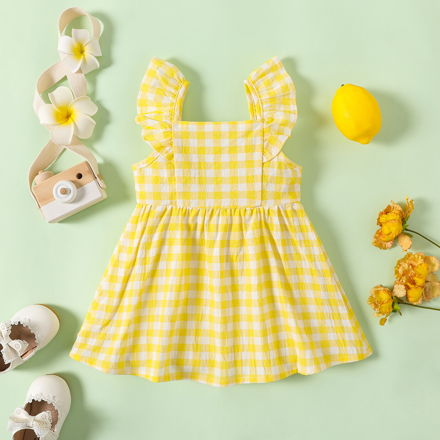 PatPat Baby Girl Dress 100% Cotton Pink Yellow Lemon Floral Print / Solid Square Neck Flutter-sleeve Dress 6 Months Dress Yellow Dress For Baby Girl