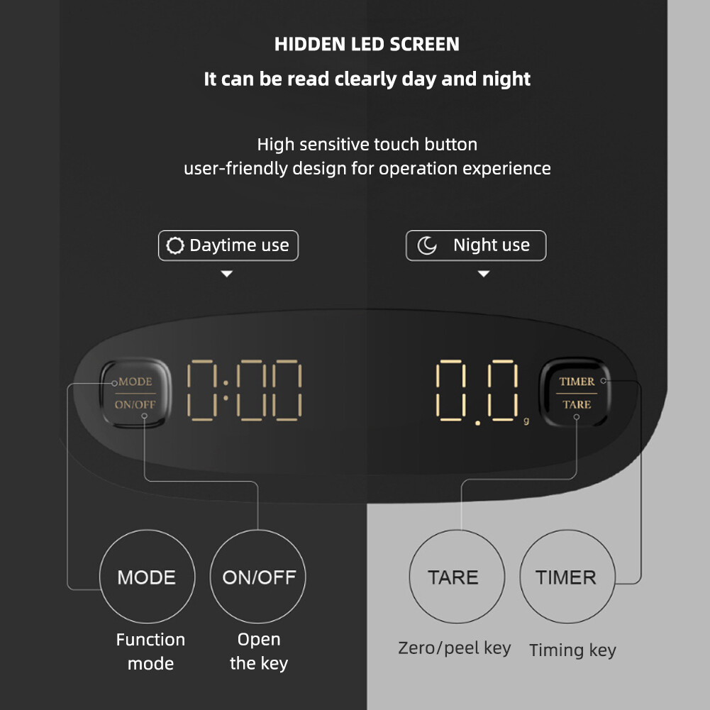 yieryi 2KG Coffee scale Electronic smart touch scale USB Kitchen Scale Digital Drip Espresso scale Anti-Slip