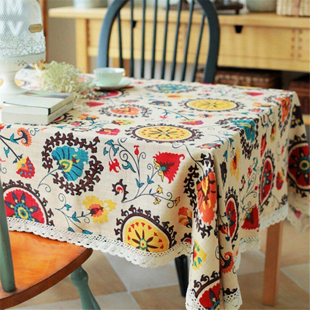 rego Retro Sunflower Pattern Lace Cotton Linen Fabric Tablecloth Table Cover Decor