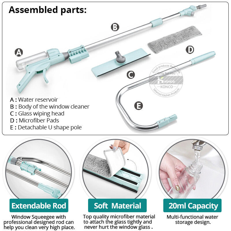 Konco Glass Cleaner Window Squeegee Microfiber Extendable Window Scrubber Telescopic Handle Glass Sponge