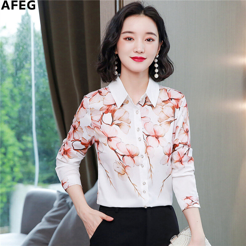 AFEG new Korean shirt collar fashion loose and versatile temperament printed silk long-sleeved blouse