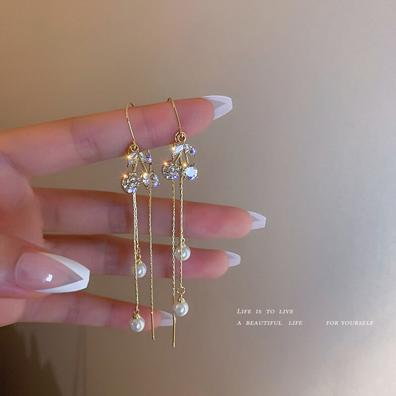 Frascati New Fashion Korean Long Thread Tassel Drop Earrings For Women Gold Color Pearl Cherry Bohemian Earring Wedding Jewelry Gift