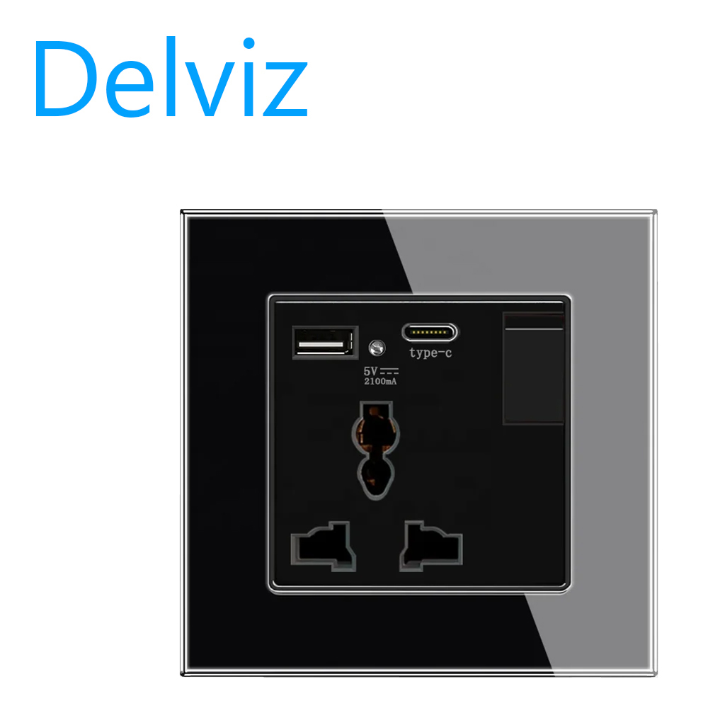 Delviz Crystal Glass Panel, 13A Electric plug Outlet, 2A USB C Port, With Switch control Type C USB Wall Universal Power Socket