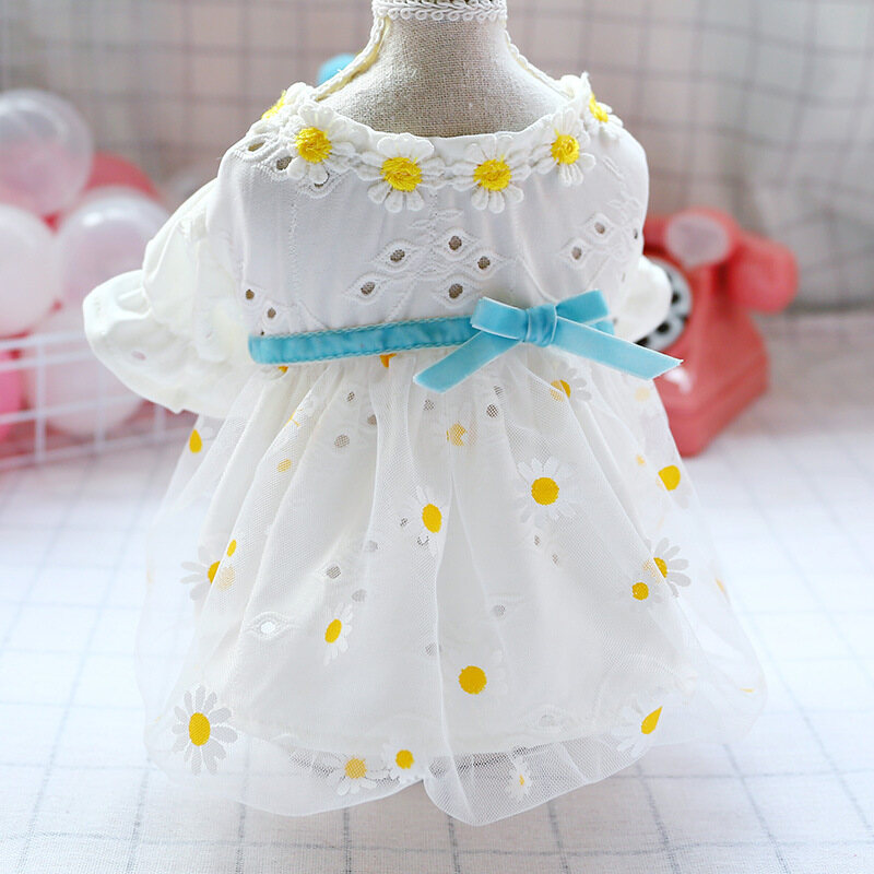 DY Loving Lady Dog Dress Gauze Lace Hollow Princess Skirt with Yellow Daisy Velvet Bowknot Summer Costume for Small Pets Cat Shihtzu Pomeranian Teddy Chihuahua Clothes