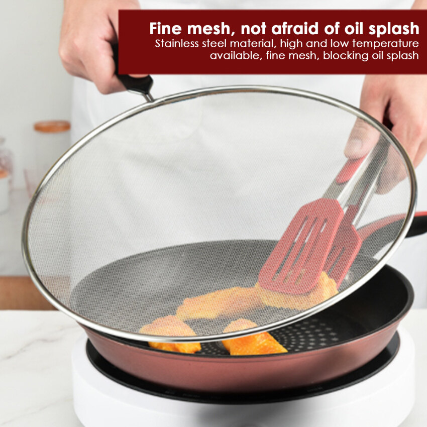 Stainless Steel Fine Mesh Strainers 28.8CM Splatter Screen with Long Handle for Frying Pan Grease Guards Mesh Frying Oil Baking Cooking Cover Flat Lid