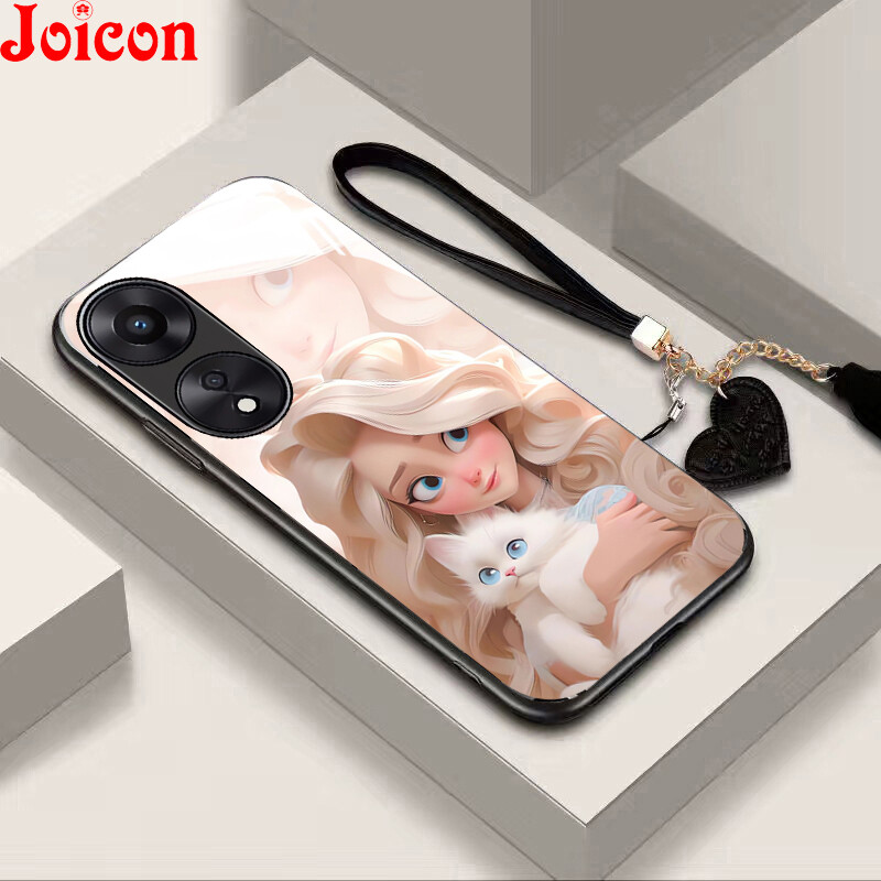 Phone Case for OPPO A98/A78/A58 5G/A78 A58 A38 A18 4G A74 A95 4G Casing Hard Liquid Tempered Glass Case Fashion Cute Lovely Cartoon Princess Luxury Shockproof Tempered Glass Phone Cover With Free Heart Shape Lanyard