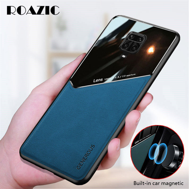 ROAZIC For Xiaomi Redmi Note 9S Note 9 Pro Note 9 Pro Max Phone Case Leather Cover Built-in Car Magnetic Plate Glass Camera Protective Casing