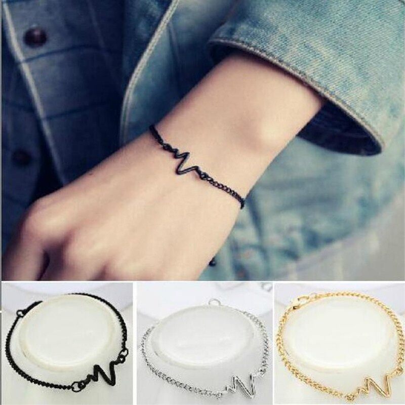 Female Male Fashion Jewelry New Heart Beat Simple Ecg Couple Bracelets for Women Pulseras Mujer Love Friendship Frequency Bracelets Party Wedding