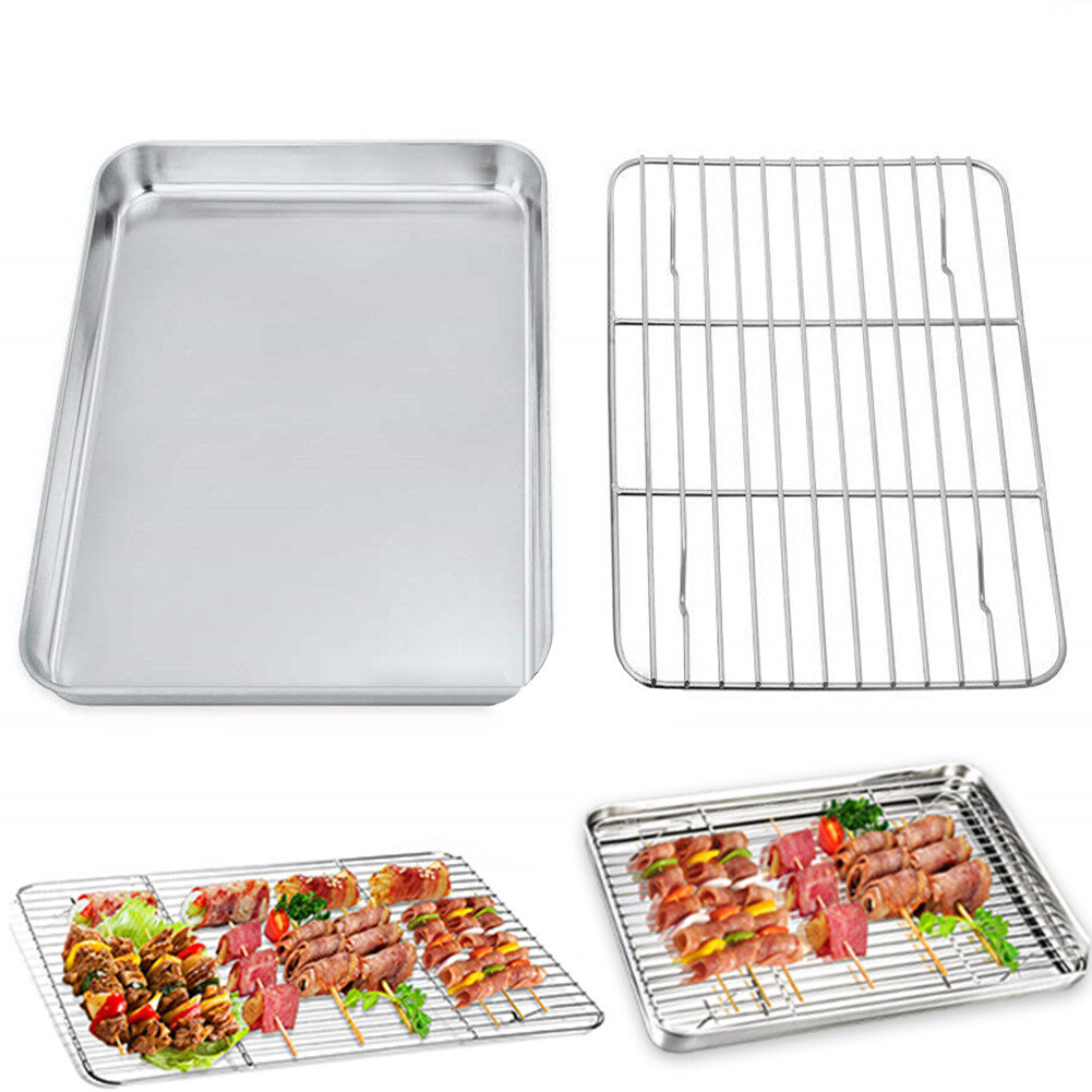 JAREDQ Stainless Steel Rectangular Shape Grill Cookie Baking Bread Cakes Oven Pan Non-stick Tray Plate Oil Control Tray With Grid Rack Kitchen Gadget