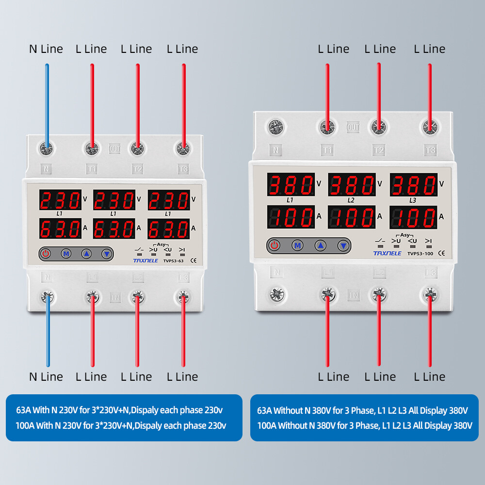 Three Phase Voltage Current Relay Protector 100A 63A 220V 380V 3P Over Under Voltage Relay Current Limiter Adjustable Protect