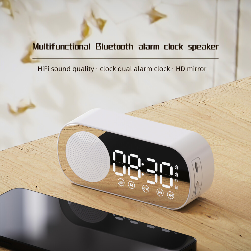 Digital Alarm Clock Mirror Surface Button Operation Bluetooth-compatible 5.0 Speaker Wireless MP3 Player Household Supplies