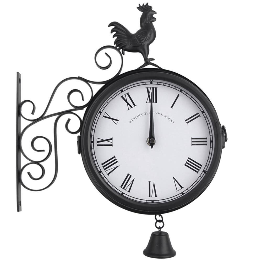 VHGG Garden Home Decor Cockerel Pattern Rust Copper Effect Vintage Wall Station Clock Double sided Bracket Double Sided Wall Clock Metal Clock