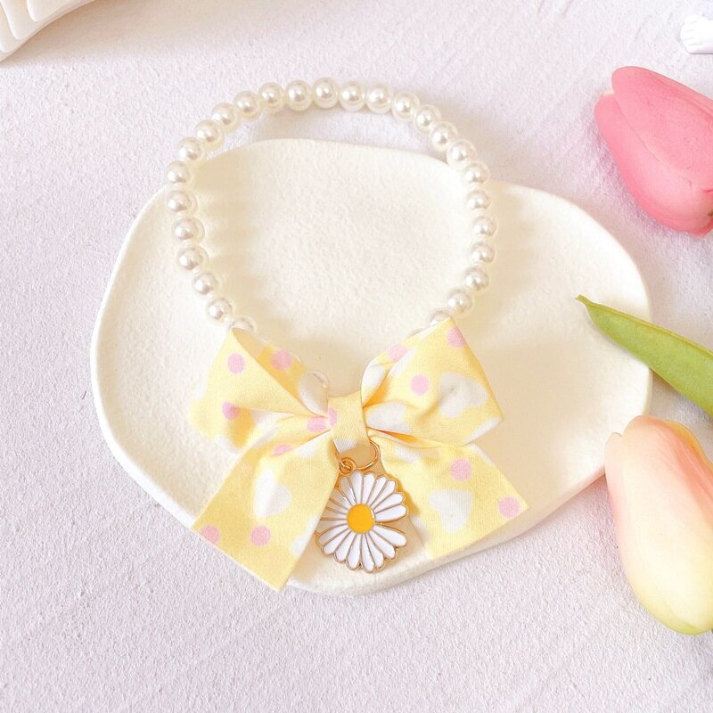 Pet Cat Bow Pearl Pendant Necklace Dog bow tie bell Neck collar Teddy dog, Pomeranian dog, Puppet cat, Siamese cat, Hairless cat Pet Necklace Small pet accessories