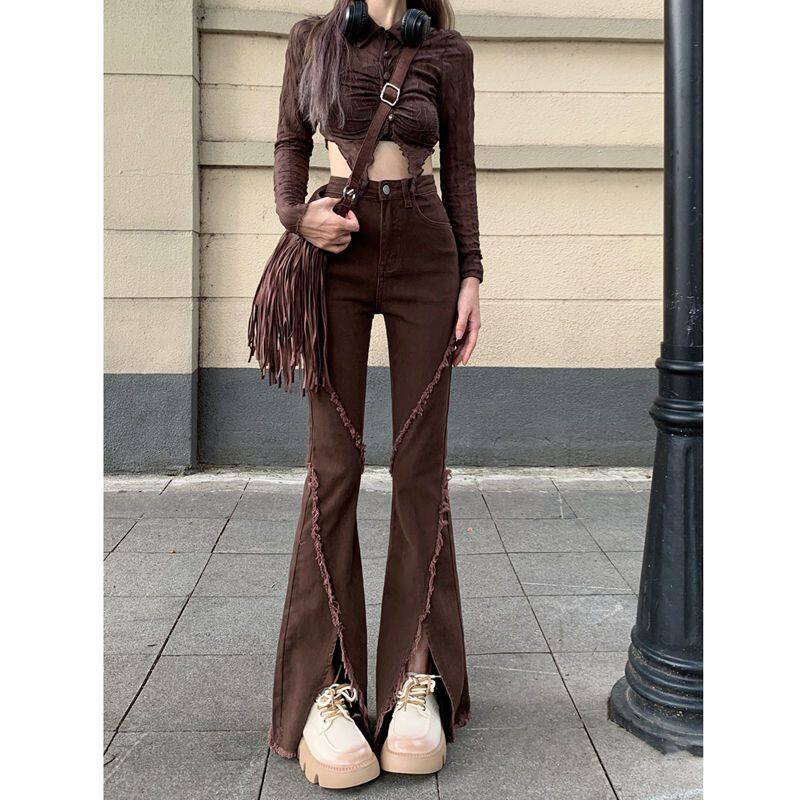 Herione Jeans irregular raw edge straight slit flared pants women's summer 501P029