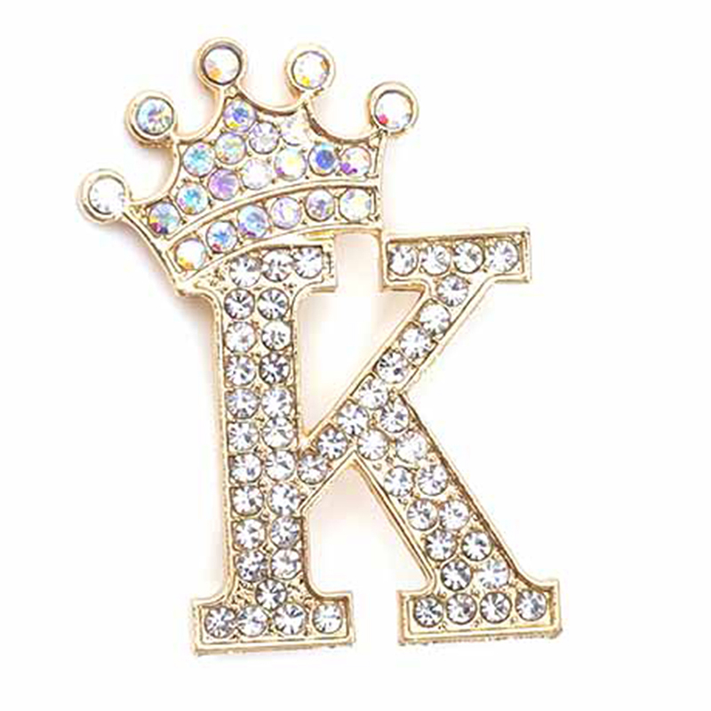 Crown Initial Brooch Pins Set - 26 Alphabet Letters With Crystal Rhinestones, Gold & Silver Plated (2 Pieces)