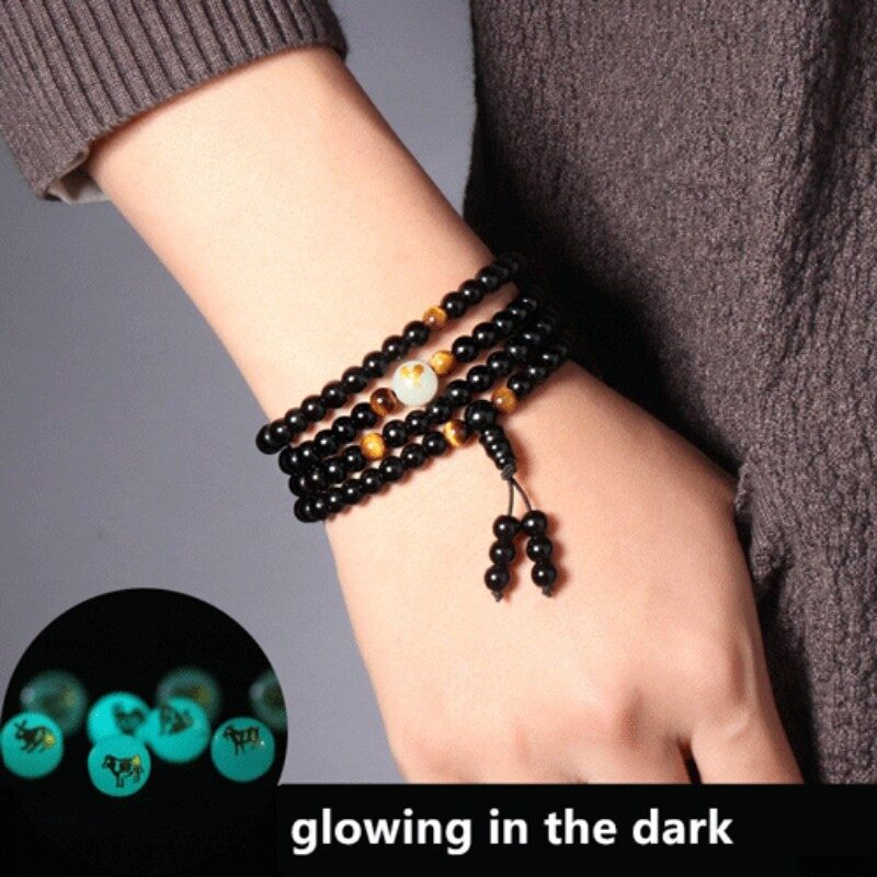 【PrettySet】 Vòng Tay Huỳnh Quang Obsidian Nhiều Vòng Vòng Tay Hạt Đá Dạ Quang Cặp Đôi Rồng Hoàng Đạo Vòng Tay May Mắn Nhiều Vòng Chuyển Giao