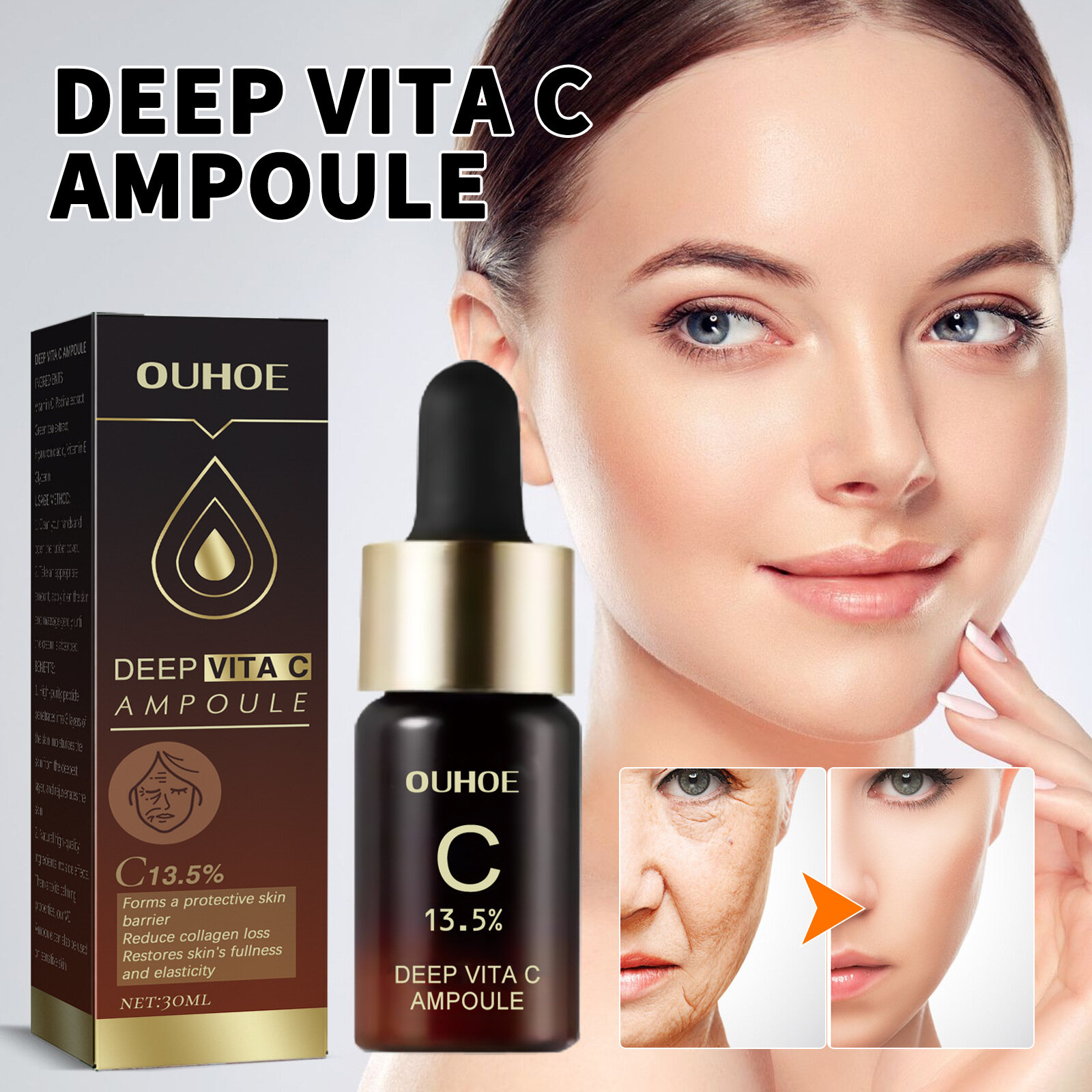 Ouhoe Sâu Vitamin C Ống Giữ Ẩm Thắt Chặt dưỡng ẩm cho da chống nhăn Chống Lão Hóa Giảm fine line S An Toàn Nhẹ Nhàng Vitamin C Chống Nhăn Tối dụng cụ xóa vết thâm Tinh Chất 30Ml Vita C Ống tinh chất chăm sóc da mặt chống lão hóa fine line Remover Chăm Sóc