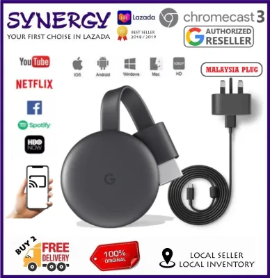 [GENUINE] Google Chromecast 3 - UK PLUG with 1 YEAR WARRANTY Genuine GOOGLE Chromecast 3 HDMI Streaming Media Player for TV Dongle with 1 Year Warranty (Black, Latest Model)