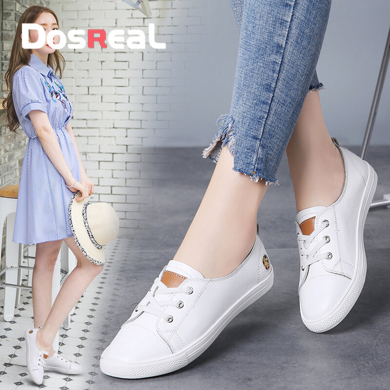 DOSREAL Flat Shoes Women Casual Loafers Korean Top Quality  Leather Lace Up Doll Shoes for Ladies Nurse Shoes 平底鞋女