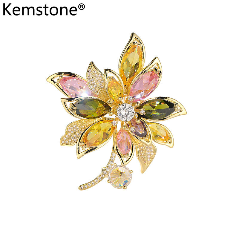 Kemstone Gold Plated Colorful Zircon Flower Brooch for Women and Girls High-end Crystal Jewelry