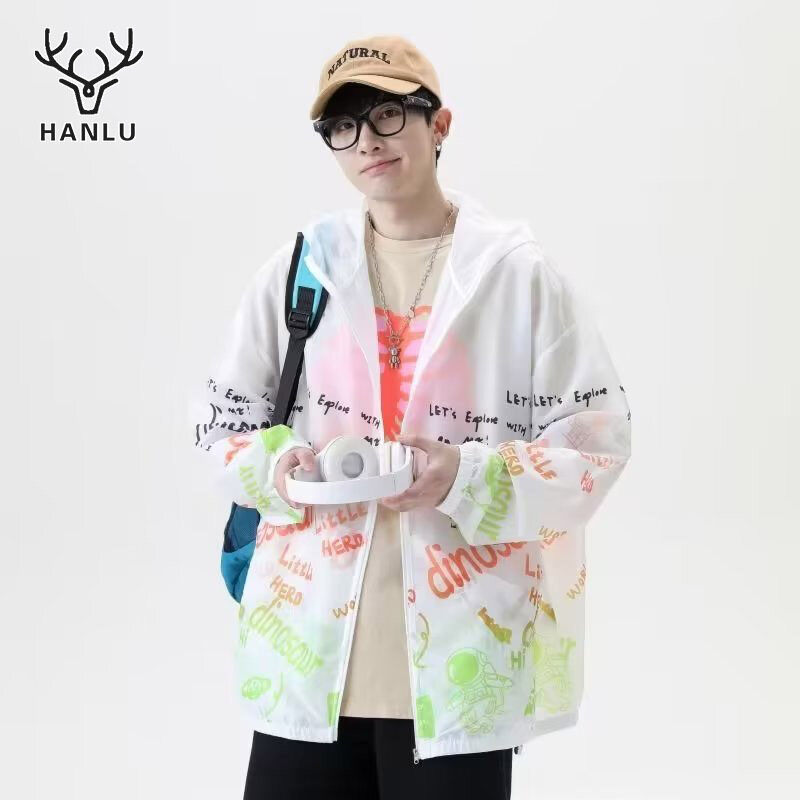 Hanlu Áo khoác trùm đầu có dây kéo mỏng áo khoác Jacket nhẹ chống nắng có mũ kéo khóa cho nam