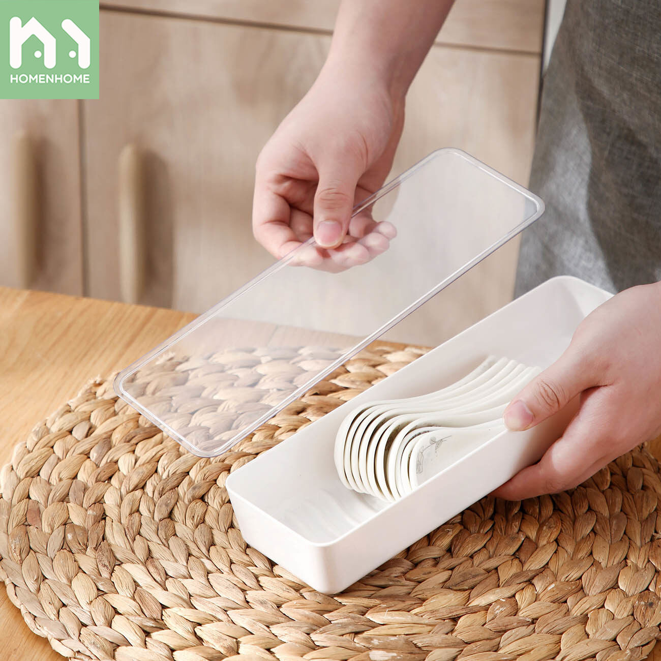 Homenhome Hộp Đũa Hình Chữ Nhật Chất Liệu AS Có Nắp, Giá Để Muỗng, Hộp Đựng Đồ Ăn Phẳng Chống Bụi Nhà Bếp