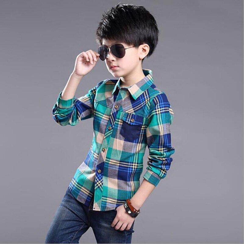 5-12T Kids Boy Shirts Spring Long Sleeve Plaid Shirt Boy Casual Turn-down Collar Blouses For Children