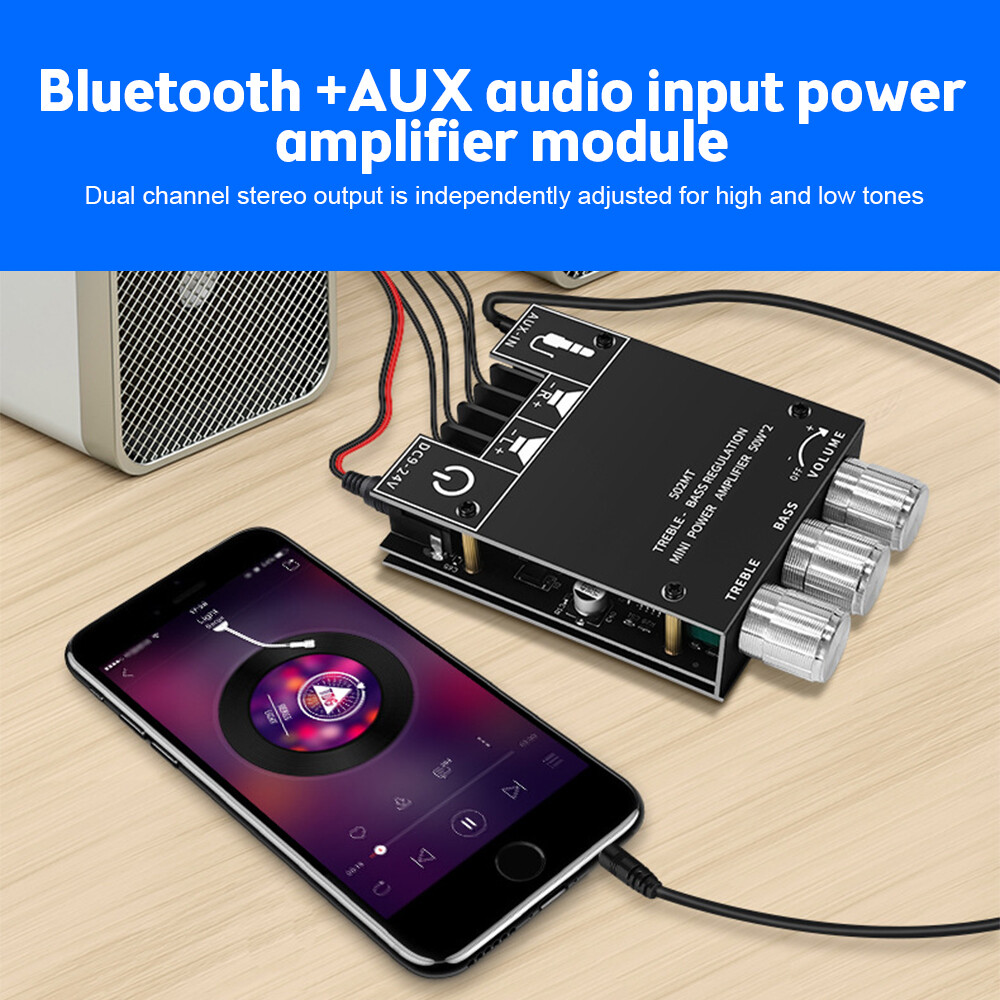 Zk-502mt bluetooth amplifier board hifi stereo 2x50w 12v-24v audio power amplifier module for store home theater speakers