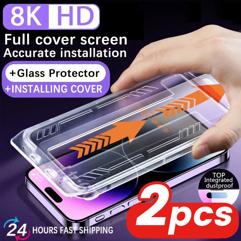 2 cái không bám bụi cài đặt vỏ bảo vệ màn hình cho iPhone 13 11 12 14 Pro Max Mini x XR 15 miếng dán Film thủy tinh