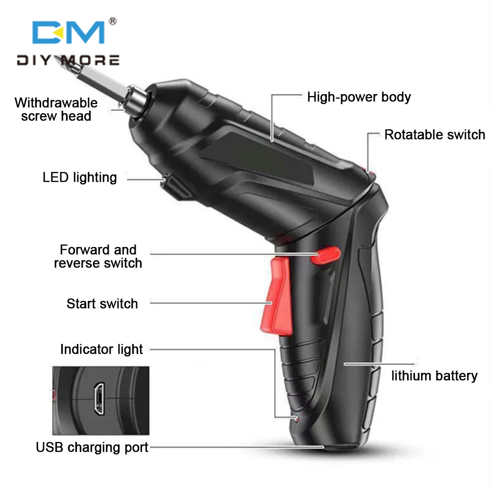 [100% Original] diymore Electric Keyless Screwdriver Keyless Collet Charging Adjustable 90° & 180° Angle Electric Screwdriver 3.6V USB Charging Cordless Rechargeable Hand Cordless Utility Drill Power Supply Power Tools