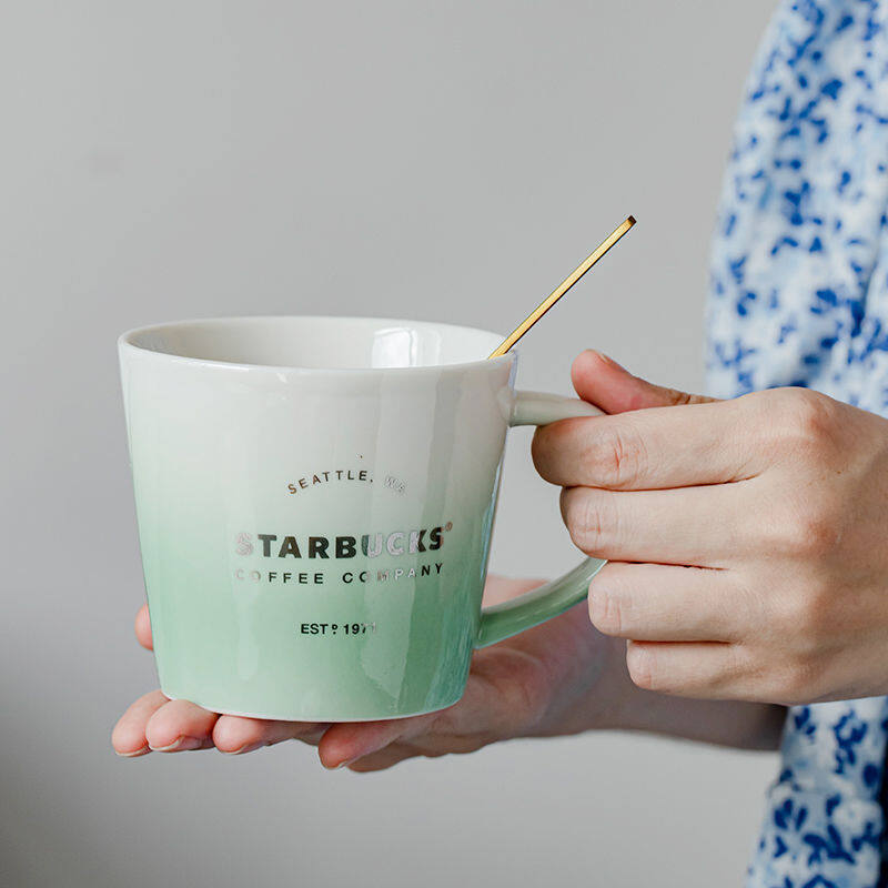 Cốc Gốm Starbuck Cốc Màu Xanh Lá Macaron Chuyển Màu 345Ml Có Thìa Nắp Cốc Để Bàn, Cốc Nước