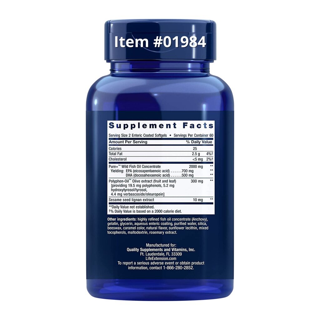 Life Extension Super Omega3 EPADHA Fish Oil Sesame Lignans Olive Extract 120 EntericCoated