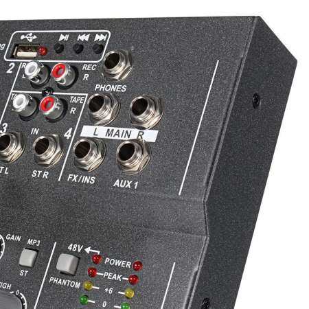 MINI 4 ช่องคาราโอเกะเครื่องผสมเสียงเครื่องขยายเสียงไมโครโฟนมือโปรผสมเสียง 48 V Power