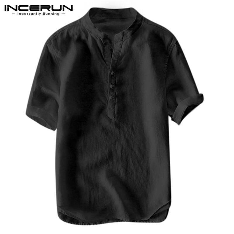 INCERUN Men Slim Fit Stand Collar Cotton Linen Shirt Tops Plain V Neck Short Sleeve Tees