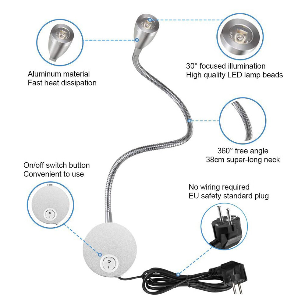 LED Flexible Gooseneck Spotlight 360 Degree Rotation Bedside Switch Lamp
