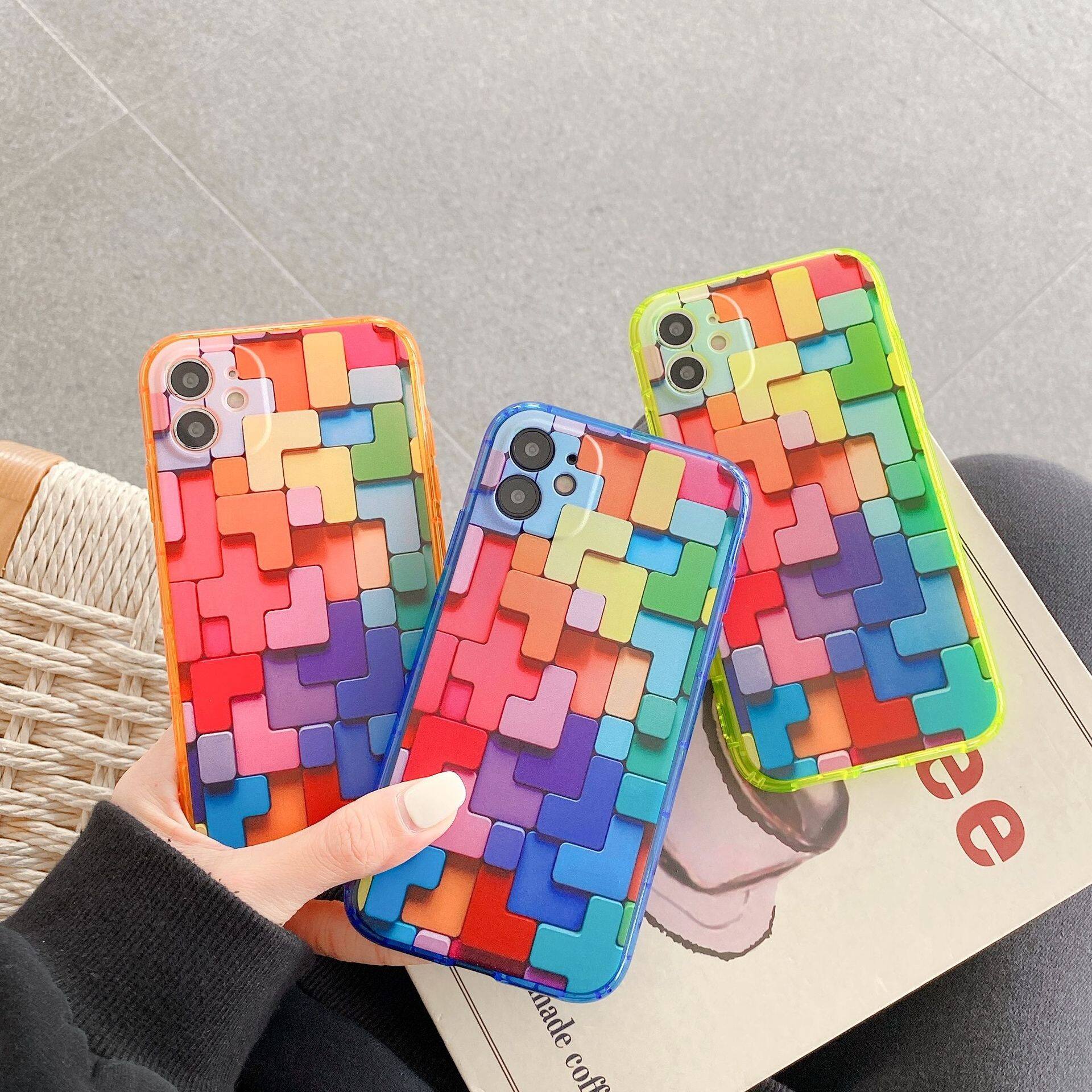 Rainbow Visual 3D Cube Phone Case For iPhone 14 Pro Max 13Pro Colorful Soft TPU Full Body Protective Cover Fashion Simple Back Cover