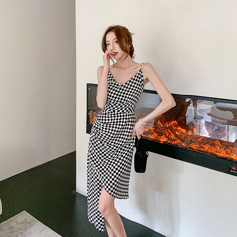 women's plaid slim design sleeveless dress