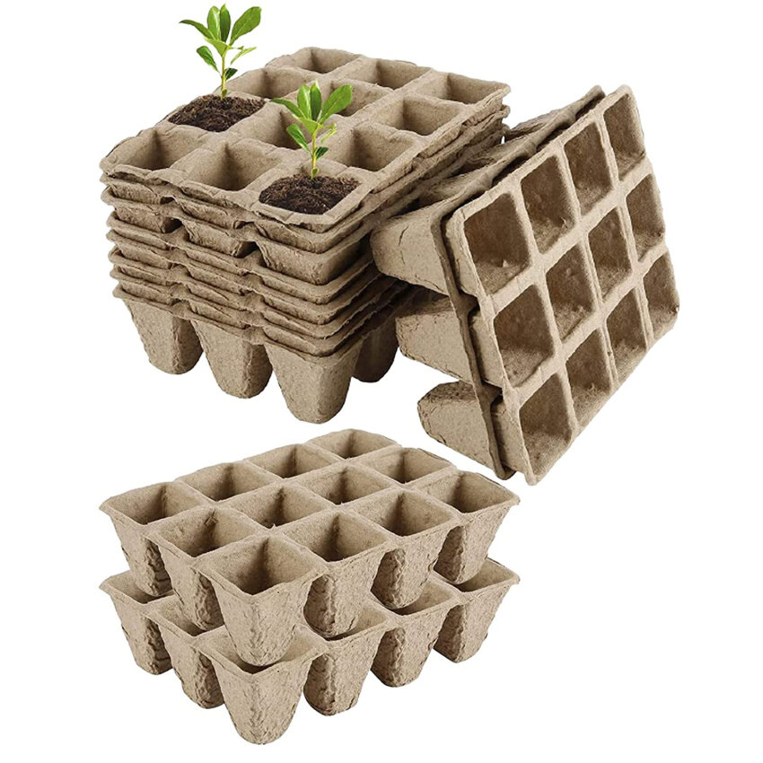 12 packs of seedling trays, 144-cell biodegradable organic germinating vegetable and fruit flower seedling trays, seed peat pots with 40 plastic plant labels