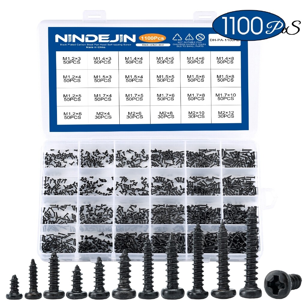 NINDEJIN 1100pcs Round Pan Head Tapping Screws Set M1.2 M1.4 M1.5 M1.7 M2 Mini Screw laptop computer screw Phillips Screw kit