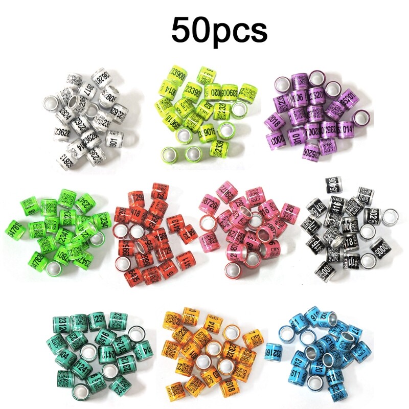 50 Pcs Multi-colored pigeon ring with identification number, 8 mm diameter, 11 mm height